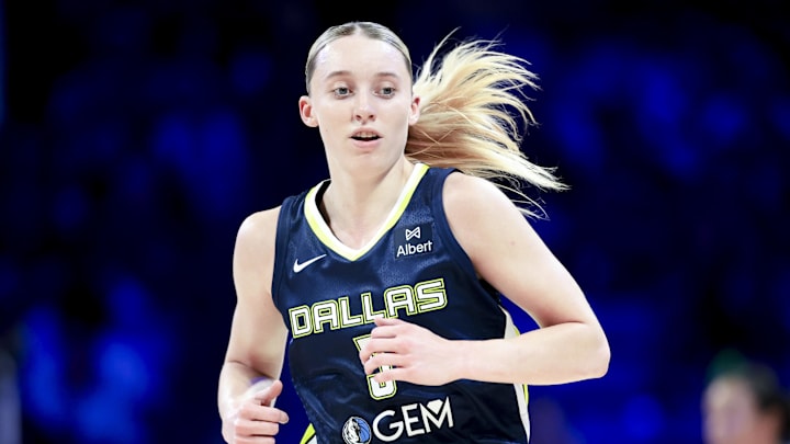 May 16, 2025; Arlington, Texas, USA; Dallas Wings guard Paige Bueckers (5) runs up the court against the Minnesota Lynx  during the first half at College Park Center. Mandatory Credit: Kevin Jairaj-Imagn Images