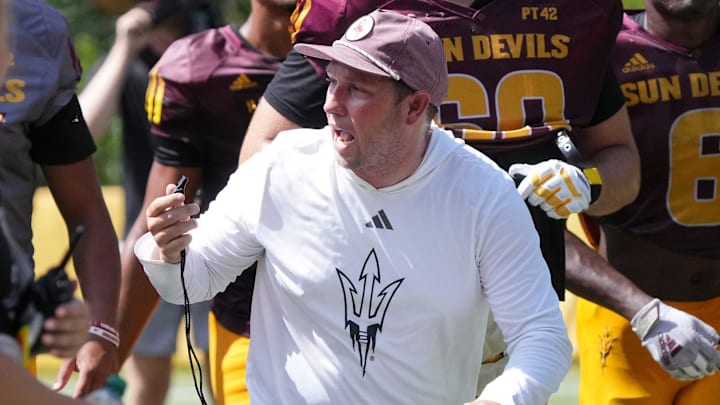 ASU head coach Kenny Dillingham yells out to his team as they hold their first day of practice at Camp Tontozona on Aug. 6, 2025.