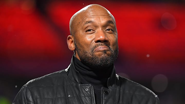 Dec 6, 2021; Orchard Park, New York, USA; ESPN analyst Louis Riddick reacts to a fans question prior to the game between the New England Patriots and the Buffalo Bills at Highmark Stadium. 