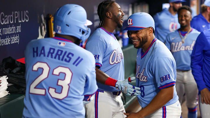 Apr 10, 2026; Atlanta, Georgia, USA; Atlanta Braves center fielder Michael Harris II (23) celebrates awith designated hitter Dominic Smith (8) after a two-run home run against the Cleveland Guardians in the sixth inning at Truist Park. Mandatory Credit: Brett Davis-Imagn Images
