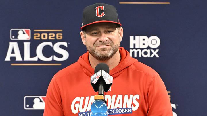 Oct 19, 2026; St. Petersburg, Florida, USA;  Cleveland Guardians manager Stephen Vogt speaks to the media before the game six of the ALCS for the 2026 MLB Playoffs at Tropicana Field.  Mandatory Credit: Pablo Robles-Imagn Images