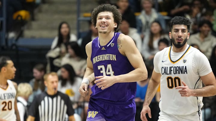 Jan 18, 2024; Berkeley, California, USA; Washington Huskies center Braxton Meah (34) reacts after a