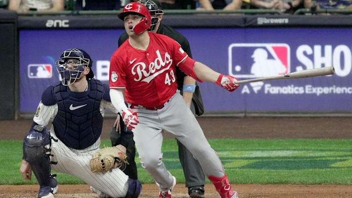 Cincinnati Reds third baseman Sal Stewart (43) watches his solo home run during the sixth inning of their game against the Milwaukee Brewers Saturday, September 27, 2025 at American Family Field in Milwaukee, Wisconsin.
