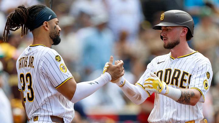 Sep 9, 2026; San Diego, California, USA; San Diego Padres center fielder Jackson Merrill (3) celebrates with second baseman Fernando Tatis Jr. (23) after hitting a two-run home run during the fifth inning against the Washington Nationals at Petco Park. Mandatory Credit: David Frerker-Imagn Images Sep 9, 2026; San Diego, California, USA; San Diego Padres center fielder Jackson Merrill (3) celebrates with second baseman Fernando Tatis Jr. (23) after hitting a two-run home run during the fifth inning against the Washington Nationals at Petco Park. Mandatory Credit: David Frerker-Imagn Images