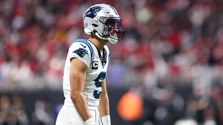 Jan 5, 2025; Atlanta, Georgia, USA; Carolina Panthers quarterback Bryce Young (9) celebrates after a touchdown pass against the Atlanta Falcons in the third quarter at Mercedes-Benz Stadium. Mandatory Credit: Brett Davis-Imagn Images Jan 5, 2025; Atlanta, Georgia, USA; Carolina Panthers quarterback Bryce Young (9) celebrates after a touchdown pass against the Atlanta Falcons in the third quarter at Mercedes-Benz Stadium. Mandatory Credit: Brett Davis-Imagn Images
