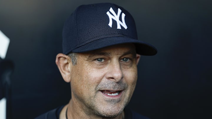 Aug 29, 2025; Chicago, Illinois, USA; New York Yankees manager Aaron Boone (17) speaks before a baseball game against the Chicago White Sox at Rate Field. Mandatory Credit: Kamil Krzaczynski-Imagn Images