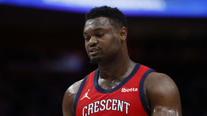 Mar 24, 2024; Detroit, Michigan, USA;  New Orleans Pelicans forward Zion Williamson (1) looks on in the first half against the Detroit Pistons at Little Caesars Arena. Mandatory Credit: Rick Osentoski-Imagn Images
