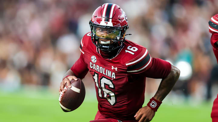Nov 22, 2025; Columbia, South Carolina, USA; South Carolina Gamecocks quarterback Lanorris Sellers (16) scrambles against the Coastal Carolina Chanticleers in the second quarter at Williams-Brice Stadium. Mandatory Credit: Jeff Blake-Imagn Images