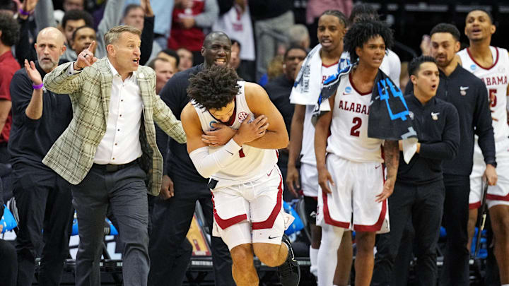 Mar 27, 2025; Newark, NJ, USA; Alabama Crimson Tide guard Mark Sears (1) celebrates after making a three pointer during the second half against the Brigham Young Cougars during an East Regional semifinal of the 2025 NCAA tournament at Prudential Center. Mandatory Credit: Robert Deutsch-Imagn Images