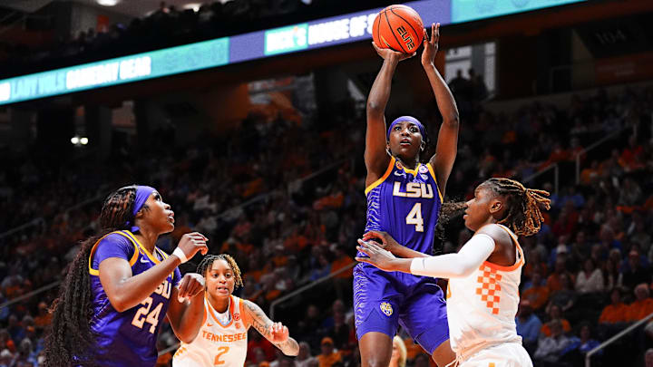 LSU guard Flau'Jae Johnson (4) attempts a shot during a women's college basketball game between the Lady Vols and LSU at Thompson-Boling Arena at Food City Center on Thursday, Jan. 9, 2025.