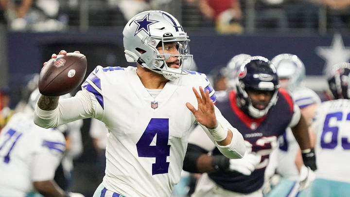 Dallas Cowboys quarterback Dak Prescott throws downfield against the Houston Texans at AT&T Stadium. Dallas Cowboys quarterback Dak Prescott throws downfield against the Houston Texans at AT&T Stadium.