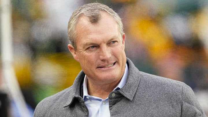 Nov 24, 2024; Green Bay, Wisconsin, USA;  San Francisco 49ers president of football operations John Lynch looks on during warmups prior to the game against the San Francisco 49ers at Lambeau Field. Mandatory Credit: Jeff Hanisch-Imagn Images