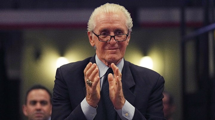 Mar 4, 2023; Miami, Florida, USA; Miami Heat president Pat Riley applauds Chris Bosh during a brief ceremony during the game between the Miami Heat and Atlanta Hawks at Miami-Dade Arena. Mandatory Credit: Jim Rassol-Imagn Images
