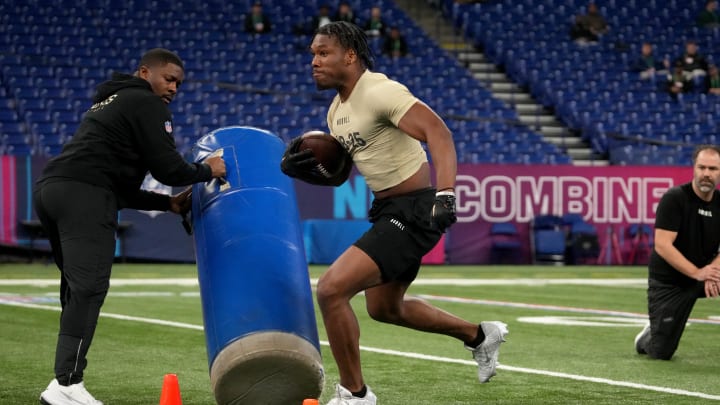 Mar 2, 2024; Indianapolis, IN, USA; Purdue running back Tyrone Tracy Jr (RB25) during the 2024 NFL Combine at Lucas Oil Stadium. Mar 2, 2024; Indianapolis, IN, USA; Purdue running back Tyrone Tracy Jr (RB25) during the 2024 NFL Combine at Lucas Oil Stadium.