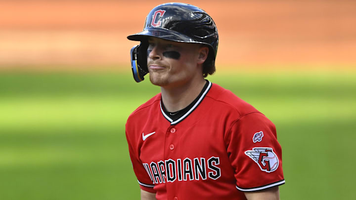 Apr 28, 2026; Cleveland, Ohio, USA; Cleveland Guardians second baseman Travis Bazzana (37) reacts after striking out in his first MLB at bat in the second inning against the Tampa Bay Rays at Progressive Field. Mandatory Credit: David Richard-Imagn Images