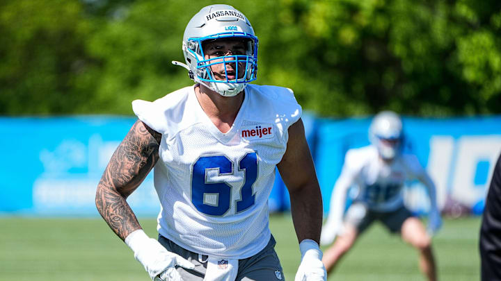 Detroit Lions defensive lineman Ahmed Hassanein (61) practices during rookie mini camp at Meijer Performance Center in Allen Park on Friday, May 9, 2025.