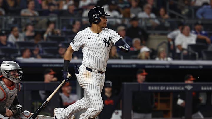 Sep 26, 2024; Bronx, New York, USA; New York Yankees right fielder Juan Soto (22) singles during the sixth inning against the Baltimore Orioles at Yankee Stadium.