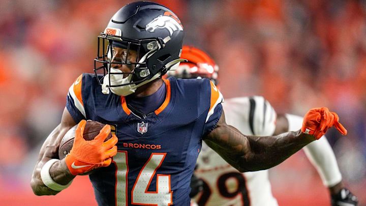Denver Broncos wide receiver Courtland Sutton (14) runs with a catch in the second quarter of the NFL Week 4 Monday Night Football game between the Denver Broncos and the Cincinnati Bengals at Empower Field at Mile High in Denver on Monday, Sept. 29, 2025. Denver Broncos wide receiver Courtland Sutton (14) runs with a catch in the second quarter of the NFL Week 4 Monday Night Football game between the Denver Broncos and the Cincinnati Bengals at Empower Field at Mile High in Denver on Monday, Sept. 29, 2025.