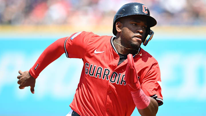 Jun 11, 2025; Cleveland, Ohio, USA; Cleveland Guardians second baseman Angel Martinez (1) advances to third on a hit by Cleveland Guardians center fielder Lane Thomas (not pictured) during the third inning against the Cincinnati Reds at Progressive Field. Mandatory Credit: Ken Blaze-Imagn Images Jun 11, 2025; Cleveland, Ohio, USA; Cleveland Guardians second baseman Angel Martinez (1) advances to third on a hit by Cleveland Guardians center fielder Lane Thomas (not pictured) during the third inning against the Cincinnati Reds at Progressive Field. Mandatory Credit: Ken Blaze-Imagn Images