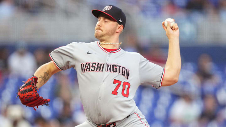 Apr 11, 2025; Miami, Florida, USA; Washington Nationals pitcher Mitchell Parker (70) pitches against the Miami Marlins in the first inning at loanDepot Park. Apr 11, 2025; Miami, Florida, USA; Washington Nationals pitcher Mitchell Parker (70) pitches against the Miami Marlins in the first inning at loanDepot Park.