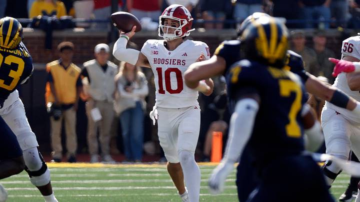 Oct 24, 2026; Ann Arbor, Michigan, USA; Indiana Hoosiers quarterback Josh Hoover (10) throws the ball during the first half against the Michigan Wolverines at Michigan Stadium. Mandatory Credit: Brian Bradshaw Sevald-Imagn Images Oct 24, 2026; Ann Arbor, Michigan, USA; Indiana Hoosiers quarterback Josh Hoover (10) throws the ball during the first half against the Michigan Wolverines at Michigan Stadium. Mandatory Credit: Brian Bradshaw Sevald-Imagn Images