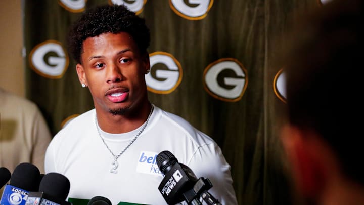 Green Bay Packers wide receiver Matthew Golden is interviewed by the media during rookie minicamp on Friday, May 2, 2025, at Lambeau Field in Green Bay, Wisconsin. The Packers selected Golden with their first round pick in the 2025 NFL Draft.
Tork Mason/USA TODAY NETWORK-Wisconsin