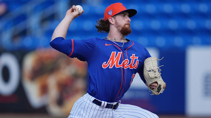 Mar 15, 2024; Port St. Lucie, Florida, USA; New York Mets pitcher Nolan McLean participates in the Spring Breakout game in the fourth inning against the Washington Nationals at Clover Park. 