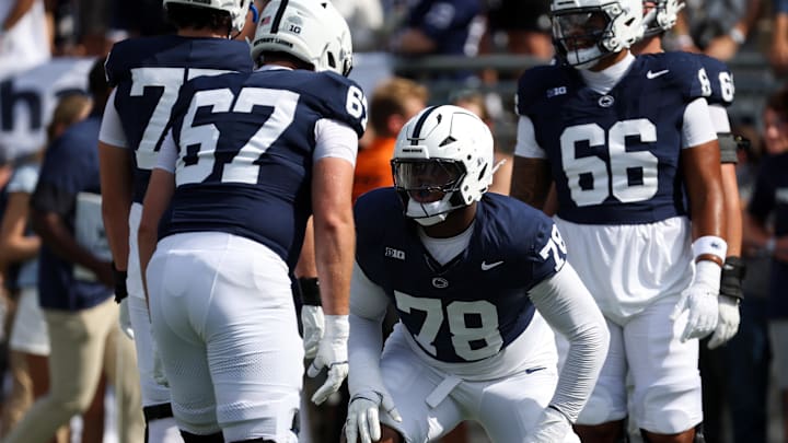 Penn State Nittany Lions offensive lineman Malachi Goodman (78) crouches during a warmup prior to the game against the Villanova Wildcats at Beaver Stadium. Penn State Nittany Lions offensive lineman Malachi Goodman (78) crouches during a warmup prior to the game against the Villanova Wildcats at Beaver Stadium.