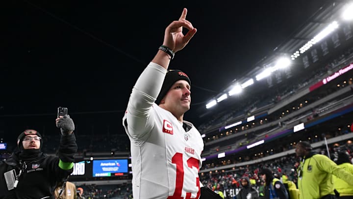 Jan 11, 2026; Philadelphia, PA, USA; San Francisco 49ers quarterback Brock Purdy (13) leaves the field after an NFC Wild Card Round game against the Philadelphia Eagles at Lincoln Financial Field. Mandatory Credit: Eric Hartline-Imagn Images