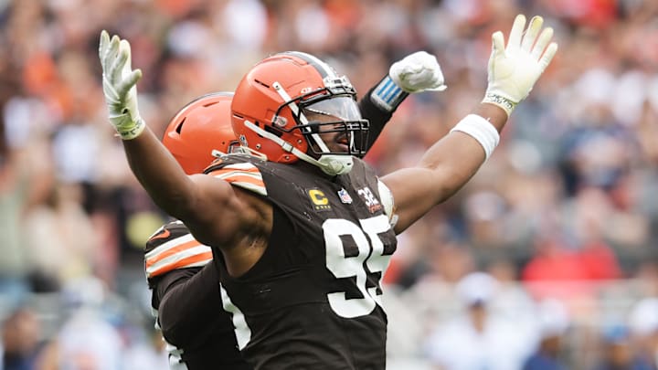 Sep 24, 2023; Cleveland, Ohio, USA; Cleveland Browns defensive end Myles Garrett (95) celebrates after sacking Tennessee Titans quarterback Ryan Tannehill (not pictured) during the second half at Cleveland Browns Stadium. Sep 24, 2023; Cleveland, Ohio, USA; Cleveland Browns defensive end Myles Garrett (95) celebrates after sacking Tennessee Titans quarterback Ryan Tannehill (not pictured) during the second half at Cleveland Browns Stadium.