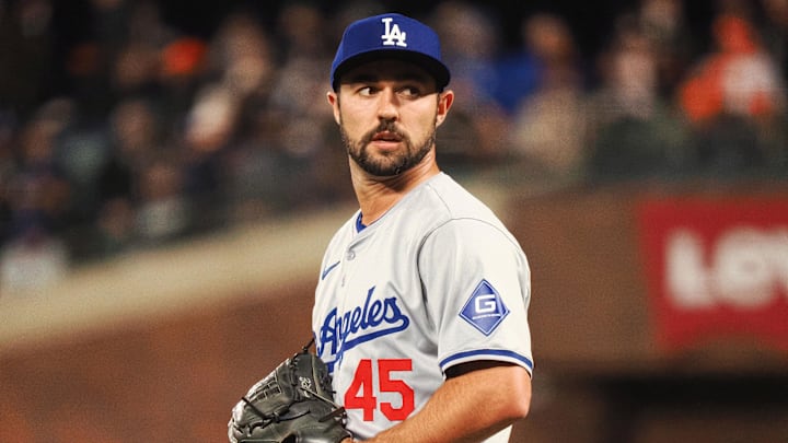 May 14, 2024; San Francisco, California, USA; Los Angeles Dodgers relief pitcher J.P. Feyereisen (45) on the mound against the San Francisco Giants during the seventh inning at Oracle Park. Mandatory Credit: Kelley L Cox-Imagn Images May 14, 2024; San Francisco, California, USA; Los Angeles Dodgers relief pitcher J.P. Feyereisen (45) on the mound against the San Francisco Giants during the seventh inning at Oracle Park. Mandatory Credit: Kelley L Cox-Imagn Images
