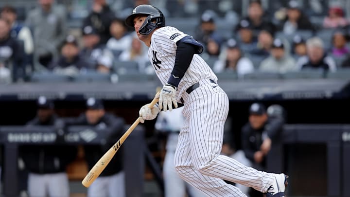 Mar 30, 2025; Bronx, New York, USA; New York Yankees first baseman Paul Goldschmidt (48) follows through on a single against the Milwaukee Brewers during the first inning at Yankee Stadium. Mandatory Credit: Brad Penner-Imagn Images Mar 30, 2025; Bronx, New York, USA; New York Yankees first baseman Paul Goldschmidt (48) follows through on a single against the Milwaukee Brewers during the first inning at Yankee Stadium. Mandatory Credit: Brad Penner-Imagn Images