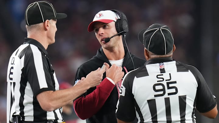 Arizona Cardinals head coach Jonathan Gannon speaks with the referees during their 17-15 win over the Los Angeles Chargers at State Farm Stadium in Glendale on Oct. 21, 2024. Arizona Cardinals head coach Jonathan Gannon speaks with the referees during their 17-15 win over the Los Angeles Chargers at State Farm Stadium in Glendale on Oct. 21, 2024.