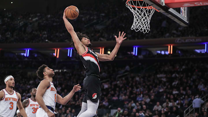 Jan 9, 2024; New York, New York, USA; Portland Trail Blazers guard Shaedon Sharpe (17) goes up for a dunk in the second quarter against the New York Knicks at Madison Square Garden. Mandatory Credit: Wendell Cruz-Imagn Images