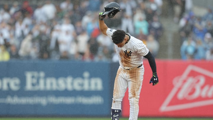 Sep 28, 2024; Bronx, New York, USA; New York Yankees right fielder Juan Soto (22) reacts after being tagged out trying to stretch his RBI single into a double during the seventh inning against the Pittsburgh Pirates at Yankee Stadium. Sep 28, 2024; Bronx, New York, USA; New York Yankees right fielder Juan Soto (22) reacts after being tagged out trying to stretch his RBI single into a double during the seventh inning against the Pittsburgh Pirates at Yankee Stadium.