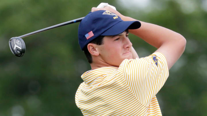 Marquette’s Hayes Packee purses his lips after his first hole tee shot during the 2025 WIAA Boys D1 Championships, Tuesday, June 10, 2025, at University Ridge Golf Course in Verona, Wis.