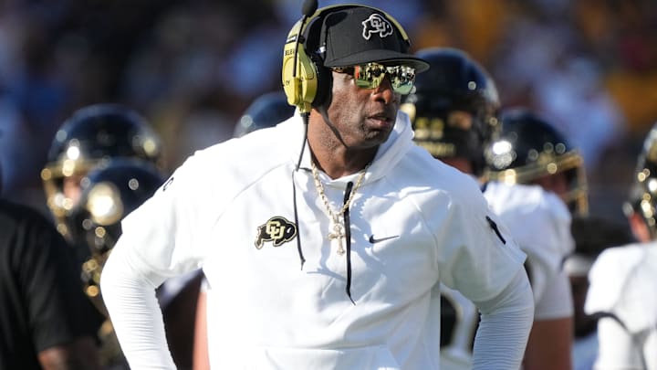 Oct 7, 2023; Tempe, Arizona, USA; Colorado Buffaloes head coach Deion Sanders walks the sidelines as