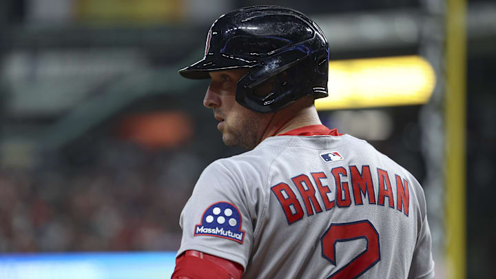 Aug 12, 2025; Houston, Texas, USA; Boston Red Sox third baseman Alex Bregman (2) stands on deck during the game against the Houston Astros at Daikin Park. Mandatory Credit: Troy Taormina-Imagn Images