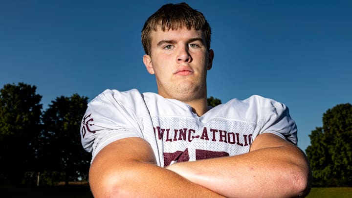 Dowling Catholic offensive lineman Carter Barrett poses for a portrait on Aug. 26, 2025, at Dowling Catholic High School in West Des Moines, Iowa.