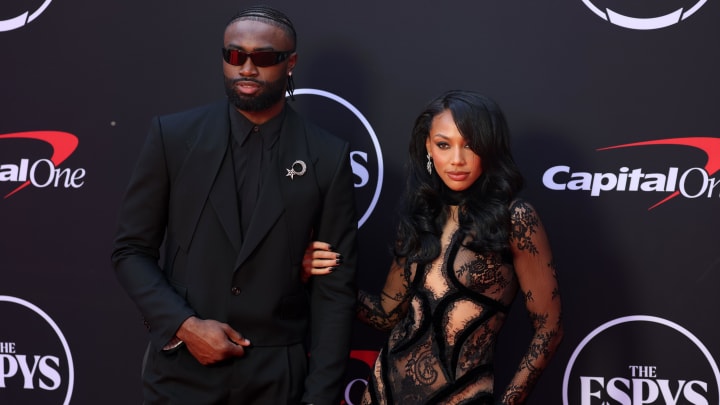 Boston Celtics guard Jaylen Brown and Kysre Gondrezick arrive on the red carpet before the 2024 ESPYS at the Dolby Theatre.