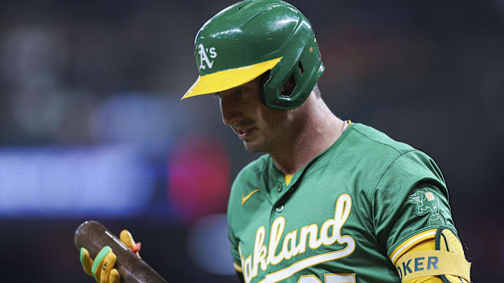 May 16, 2024; Houston, Texas, USA; Oakland Athletics left fielder Brent Rooker (25) reacts after an out during the fourth inning against the Houston Astros at Minute Maid Park. Mandatory Credit: Troy Taormina-USA TODAY Sports