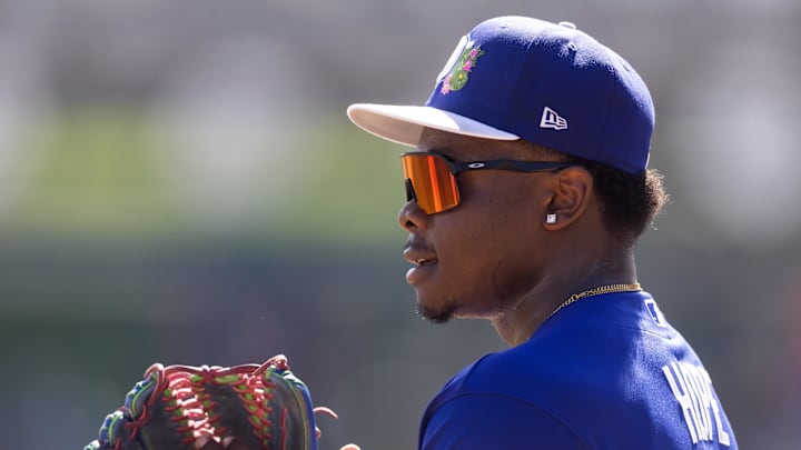 Feb 24, 2026; Phoenix, Arizona, USA; Los Angeles Dodgers outfielder Zyhir Hope against the Cleveland Guardians during a spring training game at Camelback Ranch-Glendale. Mandatory Credit: Mark J. Rebilas-Imagn Images