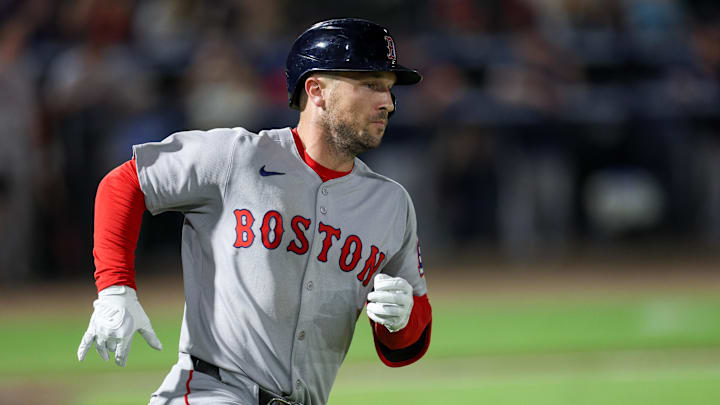 Sep 20, 2025; Tampa, Florida, USA; Boston Red Sox third baseman Alex Bregman (2) runs to first base after hitting an rbi single against the Tampa Bay Rays in the fifth inning at George M. Steinbrenner Field. Mandatory Credit: Nathan Ray Seebeck-Imagn Images