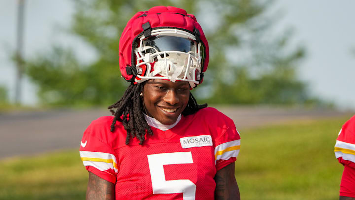 Jul 26, 2024; Kansas City, MO, USA; Kansas City Chiefs wide receiver Marquise “Hollywood”  Brown (5) walks down the hill from the locker room to the fields during training camp at Missouri Western State University. Mandatory Credit: Denny Medley-Imagn Images
