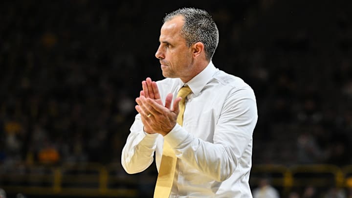 Nov 4, 2025; Iowa City, Iowa, USA; Iowa Hawkeyes head coach Ben McCollum reacts during the second half against the Robert Morris Colonials at Carver-Hawkeye Arena. Mandatory Credit: Jeffrey Becker-Imagn Images