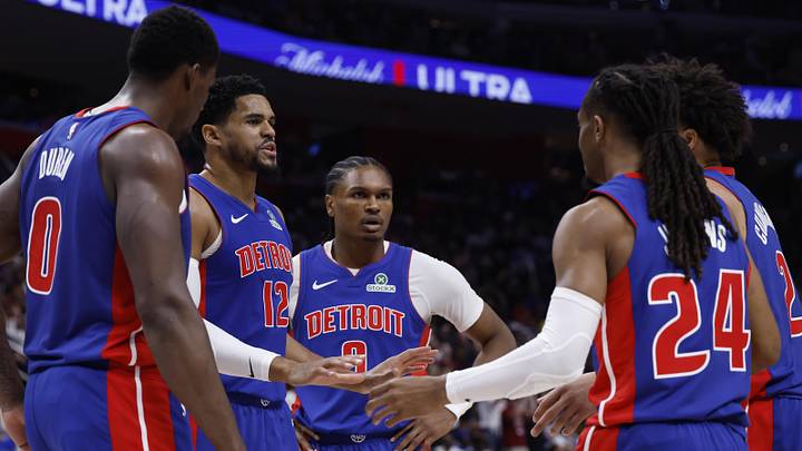 May 17, 2026; Detroit, Michigan, USA; Detroit Pistons center Jalen Duren (0), forward Tobias Harris (12), guard Ausar Thompson (9), guard Cade Cunningham (2) and guard Daniss Jenkins (24) huddle up in the first half against the Cleveland Cavaliers during game seven of the second round of the 2026 NBA Playoffs at Little Caesars Arena. Mandatory Credit: Rick Osentoski-Imagn Images May 17, 2026; Detroit, Michigan, USA; Detroit Pistons center Jalen Duren (0), forward Tobias Harris (12), guard Ausar Thompson (9), guard Cade Cunningham (2) and guard Daniss Jenkins (24) huddle up in the first half against the Cleveland Cavaliers during game seven of the second round of the 2026 NBA Playoffs at Little Caesars Arena. Mandatory Credit: Rick Osentoski-Imagn Images