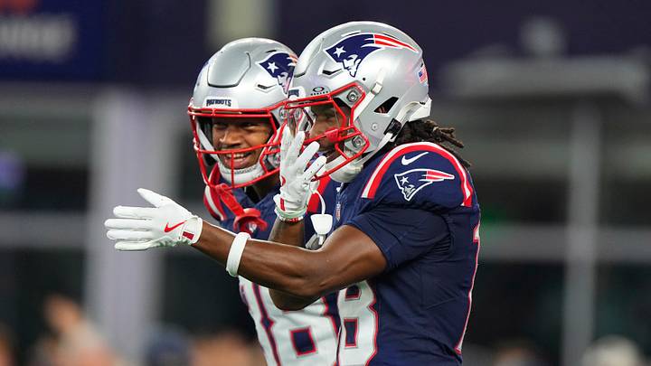 Aug 22, 2026; Foxborough, Massachusetts, USA; New England Patriots wide receiver Kyle Williams (18) celebrates scoring a touchdown with wide receiver Cameron Dorner (88) during the first half at Gillette Stadium. Mandatory Credit: Gregory Fisher-Imagn Images Aug 22, 2026; Foxborough, Massachusetts, USA; New England Patriots wide receiver Kyle Williams (18) celebrates scoring a touchdown with wide receiver Cameron Dorner (88) during the first half at Gillette Stadium. Mandatory Credit: Gregory Fisher-Imagn Images