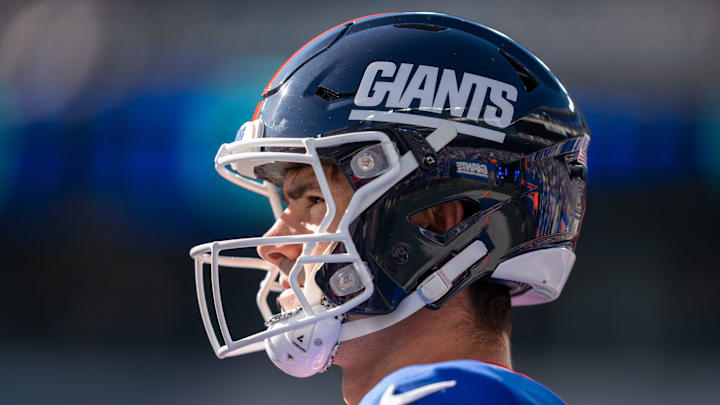 New York Giants quarterback Daniel Jones (8) warms up before the start of the game between the New York Giants and the Washington Commanders at MetLife Stadium in East Rutherford on Sunday, Nov. 3, 2024.