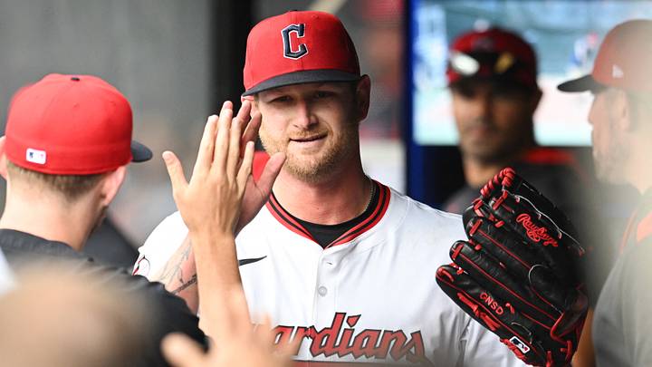 May 1, 2025: Cleveland Guardians starting pitcher Ben Lively (39) celebrates during the sixth inning against the Minnesota Twins at Progressive Field. Credit: Ken Blaze-Imagn Images