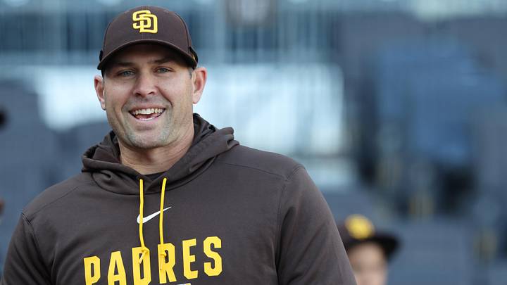 Apr 7, 2026; Pittsburgh, Pennsylvania, USA;  San Diego Padres manager Craig Stammen (14) smiles on the field before the game against the Pittsburgh Pirates at PNC Park. Mandatory Credit: Charles LeClaire-Imagn Images